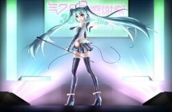  39 ahoge anklet aqua_eyes aqua_hair boots commentary elbow_gloves female floating_hair gloves hatsune_miku high_heels highres jewelry kaiyi long_hair microphone microphone_stand miku_day open_mouth shoes skirt solo thigh_boots thighhighs twintails very_long_hair vocaloid wings 