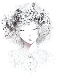  closed_eyes eyelashes female flower greyscale head_wreath lips monochrome original own_hands_clasped own_hands_together portrait solo sousou_(sousouworks) wreath 