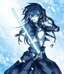  1boy androgynous armor bad_id bad_pixiv_id beam_saber black_hair blue_eyes breastplate dual_wielding energy energy_beam energy_sword fingerless_gloves gloves glowing glowing_sword glowing_weapon gun handgun highres holding holding_gun holding_sword holding_weapon kagemitsu_g4 kirito kirito_(sao-ggo) long_hair machi_fuka male_focus otoko_no_ko revision science_fiction solo sword sword_art_online weapon 