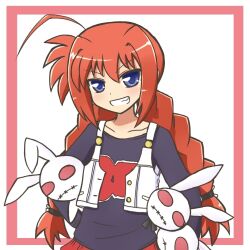  ahoge bad_id bad_pixiv_id blue_eyes braid commentary_request female grin long_hair lowres lyrical_nanoha mahou_shoujo_lyrical_nanoha mahou_shoujo_lyrical_nanoha_a&#039;s noroi_usagi orange_hair rabbit reverse_(bluefencer) smile solo stuffed_animal stuffed_rabbit stuffed_toy twin_braids vest vita_(nanoha) 