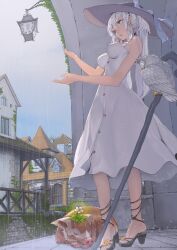  architecture bare_shoulders bird blue_eyes breasts building commentary_request dress female flower from_below hat highres long_hair mabinogi medium_breasts nao_(mabinogi) outdoors owl photoshop_(medium) pig ponytail rain sandals sleeping solo staff sun_hat sundress toro_(konirio) wet white_dress white_hair 