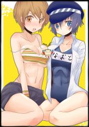  2girls asymmetrical_docking bikini blue_eyes blue_hair breast_press breasts brown_eyes brown_hair cabbie_hat cleavage commentary_request dateya_torahachi hair_between_eyes hat hip_focus kuma_(persona_4) lab_coat large_breasts mini_person miniboy multiple_girls one-piece_swimsuit persona persona_4 satonaka_chie school_swimsuit seiza shirogane_naoto short_hair sitting straight_hair swimsuit thighs tomboy wavy_hair 