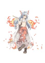  boots bow commentary_request female fire fujiwara_no_mokou grey_hair kiseru mumulatte navel ofuda pants photoshop_(medium) red_eyes sarashi smoking_pipe solo suspenders touhou 