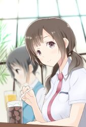  2girls black_hair blurry blush brown_eyes brown_hair colored_eyelashes commentary_request depth_of_field drink drinking_straw glass looking_at_viewer multiple_girls necktie okita_sawa peanuts_(ennuim) sakai_wakana school_uniform smile tari_tari twintails upper_body 