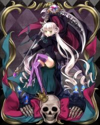  blonde_hair candle cape commentary_request female gloves long_hair long_sleeves open_mouth original scythe sitting skull solo thighhighs tsuto twintails very_long_hair weapon 