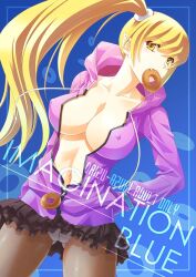  aged_up ass_visible_through_thighs blonde_hair breasts center_opening cleavage commentary_request covered_nipples crotch_seam doughnut fangs female food frilled_skirt frills hands_in_pockets hood hooded_jacket hoodie innerboob jacket kiss-shot_acerola-orion_heart-under-blade kuroda_akimi large_breasts long_hair monogatari_(series) mouth_hold navel nisemonogatari no_bra oerba_yun_fang open_clothes open_hoodie open_jacket oshino_shinobu panties panties_under_pantyhose pantyhose photoshop_(medium) pointy_ears side_ponytail skirt solo teenage underwear white_panties yellow_eyes zipper 