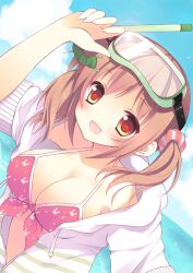  bad_id bad_pixiv_id bikini blonde_hair blush breasts cleavage cloud commentary_request day female goggles idolmaster idolmaster_cinderella_girls izumiyuhina large_breasts open_mouth photoshop_(medium) pink_bikini short_sleeves sky solo swimsuit totoki_airi twintails yellow_eyes 