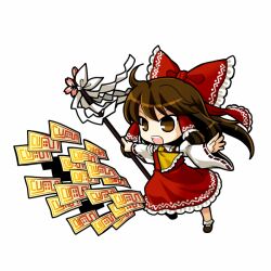  amulet ascot bobby_socks bow brown_eyes brown_footwear brown_hair chibi commentary_request female frilled_bow frilled_hair_tubes frilled_skirt frills gohei hair_tubes hairbow hakurei_reimu long_hair open_mouth polearm red_bow red_skirt shirt skirt skirt_set socha socks solo touhou weapon white_socks yellow_ascot 