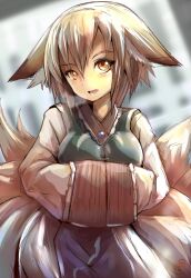  animal_ears blonde_hair commentary_request female fox_ears fox_tail hands_in_opposite_sleeves looking_at_viewer multiple_tails no_headwear ryuno short_hair solo tail touhou yakumo_ran yellow_eyes 