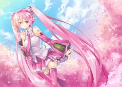  boots cherry_blossoms cloud commentary_request day detached_sleeves female flower hair_flower hair_ornament hatsune_miku headset long_hair mocha_(naturefour) necktie photoshop_(medium) pink_eyes pink_footwear pink_hair sakura_miku skirt sky smile solo thighhighs twintails very_long_hair vocaloid 