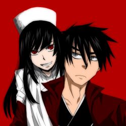  1boy bad_id bad_pixiv_id black_hair coat drifters female fur_hat genderswap_(mtf) girlycard gloves grey_hair grin hat hellsing hellsing:_the_dawn long_hair red_background red_eyes rule_63 sereori shimazu_toyohisa_(drifters) short_hair simple_background smile teeth 