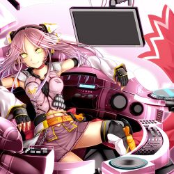  boots commentary_request detached_sleeves female fingerless_gloves gloves hair_ornament hairclip headphones kazetto looking_at_viewer midriff navel original photoshop_(medium) pink_hair sitting skirt smile solo yellow_eyes 