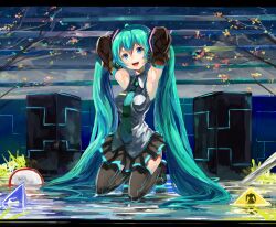  absurdres aqua_hair armpits arms_behind_head arms_up bad_id bad_pixiv_id blue_eyes boots detached_sleeves female hajime_kaname hatsune_miku headphones highres kneeling letterboxed long_hair necktie open_mouth skirt solo thigh_boots thighhighs twintails very_long_hair vocaloid water 