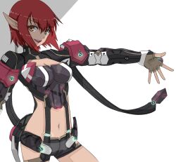  bad_id bad_pixiv_id breasts brown_eyes cleavage elf female fingerless_gloves gloves grey_shorts highres looking_at_viewer medium_breasts midriff navel neighbor_quartz outstretched_arm phantasy_star phantasy_star_online_2 pointy_ears r_n_(kisaragiyurii) red_hair short_hair short_shorts shorts smile solo sue_(pso2) 