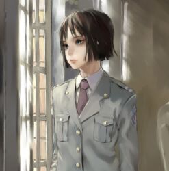  commentary_request female indoors kawakami_rokkaku kusanagi_suito looking_outside military military_uniform necktie short_hair solo the_sky_crawlers uniform window 