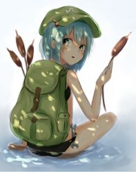  backpack bag bikini black_bikini blue_eyes blue_hair blush cattail commentary_request female green_eyes hair_bobbles hair_ornament hat kawashiro_nitori looking_back looking_down open_mouth partially_submerged plant short_hair short_twintails side_ponytail sitting solo swimsuit touhou twintails two_side_up water wrench yukima_(yushika) 