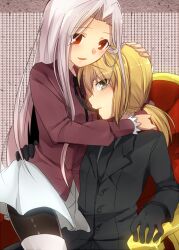  2girls ahoge artoria_pendragon_(fate) black_gloves blonde_hair blush boots commentary_request fate/zero fate_(series) formal gloves green_eyes irisviel_von_einzbern long_hair marimo_danshaku mouth_hold multiple_girls pant_suit pants pantyhose ponytail red_eyes saber_(fate) suit thigh_boots thighhighs throne white_hair yuri 