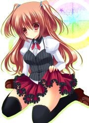  arm_support bad_id bad_pixiv_id black_thighhighs blush breasts brown_hair clothes_lift corset female groin hair_bobbles hair_ornament kneeling long_hair medium_breasts neon_ui no_panties original red_eyes shirt skirt skirt_lift solo thighhighs two_side_up 