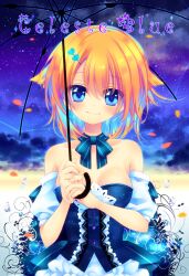  bad_id bad_pixiv_id bare_shoulders blonde_hair blue_eyes blush cover cover_page dress female holding konno_kengo looking_at_viewer original petals photoshop_(medium) short_hair smile solo umbrella 