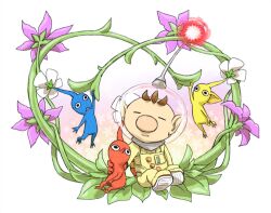  blue_pikmin brown_hair commentary_request flower naru_(wish_field) no_humans olimar pikmin_(creature) pikmin_(series) plant pointy_ears red_pikmin sitting spacesuit vines yellow_pikmin 