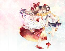  2girls bow brown_hair commentary_request detached_sleeves geta hair_tubes hairbow hakurei_reimu hat holding_hands long_hair mimia_(96.5) multiple_girls open_mouth profile red_eyes scarf shameimaru_aya shared_clothes shared_scarf short_hair skirt smile tengu-geta tokin_hat touhou yuri 