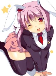  ;d all_fours animal_ears bad_id bad_pixiv_id black_thighhighs blush female long_hair matatabi_maru necktie one_eye_closed open_mouth pink_hair rabbit_ears rabbit_girl rabbit_tail red_eyes red_necktie reisen_udongein_inaba simple_background skirt smile solo star_(symbol) tail thighhighs touhou white_background zettai_ryouiki 