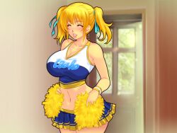  blond_daisuki! blonde_hair breasts cheerleader closed_eyes female large_breasts midriff solo twintails yoko_jyusuke 