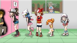  2boys 5girls bike_shorts black_hair blue_(pokemon) blue_hair blush brown_hair dawn_(pokemon) desperation haruka_(pokemon) hat have_to_pee kasumi_(pokemon) lolicon multiple_boys multiple_girls oerba_yun_fang orange_hair pokemon pokemon_(game) pokemon_bw satoshi_(pokemon) takeshi_(pokemon) toilet touko_(pokemon) 