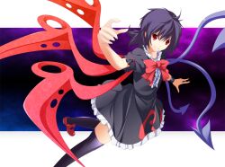  asymmetrical_wings black_hair black_thighhighs bow commentary_request female houjuu_nue painttool_sai_(medium) puffy_sleeves red_eyes short_hair short_sleeves smile solo thighhighs touhou wings wristband zb_(dawn-blue) 