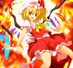  ascot blonde_hair bow commentary_request crystal female flandre_scarlet hat hat_bow laevatein_(touhou) oerba_yun_fang open_mouth painttool_sai_(medium) puffy_sleeves red_eyes short_hair short_sleeves side_ponytail solo touhou wings zb_(dawn-blue) 