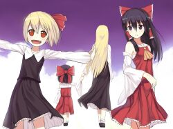  2girls :d aged_down aged_up ascot bad_id bad_pixiv_id black_hair blonde_hair blush bow brown_hair detached_sleeves from_behind hair_ribbon hair_tubes hairbow hakurei_reimu height_difference highres holding_hands keli_bang lolicon long_hair long_sleeves multiple_girls oerba_yun_fang open_mouth osana_reimu outstretched_arms red_eyes reireimu ribbon role_reversal rumia shirt short_hair smile touhou walking 