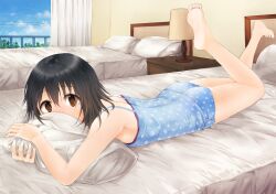  bad_id bad_pixiv_id barefoot bed black_hair brown_eyes commentary_request covering_own_mouth feet female hugging_object idolmaster idolmaster_cinderella_girls indoors kenshin_(kenshin3) kohinata_miho looking_at_viewer lying on_bed on_stomach panties pillow pillow_hug short_hair sleepwear soles solo the_pose underwear 