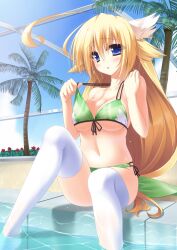  :o ahoge bad_id bad_pixiv_id bikini blonde_hair blue_eyes blush breasts cleavage day female front-tie_top green_bikini highres huge_ahoge large_breasts long_hair navel original palm_tree photoshop_(medium) pool sitting sky soaking_feet solo strap_lift swimsuit thighhighs tree underboob very_long_hair water white_thighhighs yukichin 