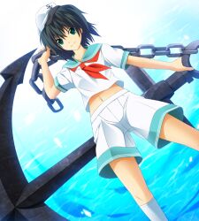  anchor aqua_eyes black_hair chains commentary_request female hat murasa_minamitsu navel neckerchief painttool_sai_(medium) sailor sailor_hat short_hair short_sleeves shorts smile solo touhou water weapon white_shorts zb_(dawn-blue) 