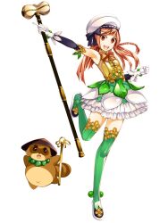  arm_up blush boots braid brown_eyes brown_hair commentary_request detached_sleeves dress female gloves hat leg_up long_hair magical_girl mahou_shoujo_taisen mahou_shoujo_taisen_contest_1 official_art open_mouth smile solo tanuki thigh_boots thighhighs torigoe_takumi wand 