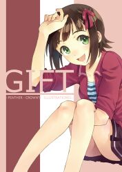  amami_haruka bow brown_hair commentary_request cover cover_page female green_eyes hairbow idolmaster idolmaster_(classic) looking_at_viewer photoshop_(medium) short_hair sitting smile solo t-okada 