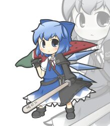  adapted_costume advent_cirno bad_id bad_pixiv_id blue_hair bow cirno detached_wings dual_wielding female hairbow highres holding ice ice_wings long_sleeves short_hair short_sleeves solo standing sword touhou weapon wings yuasan 