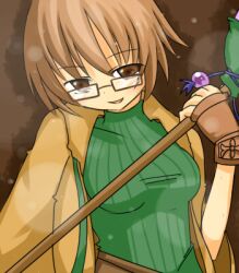  aussa belt brown_eyes brown_hair duel_monster glasses lowres short_hair turtleneck yu-gi-oh! yuu-gi-ou_duel_monsters 