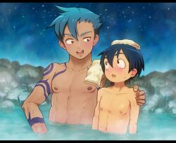  2boys bad_id bad_pixiv_id blue_hair brown_eyes kamina_(ttgl) maejima_(pixiv191498) male_focus multiple_boys onsen open_mouth red_hair simon_(ttgl) smile tattoo tengen_toppa_gurren_lagann topless_male towel towel_on_head 