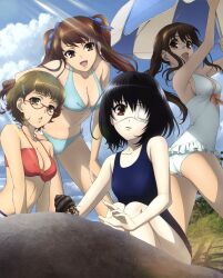  4girls :d absurdres akazawa_izumi another aqua_bikini artist_request ass beach_umbrella bikini black_hair breasts brown_eyes brown_hair casual_one-piece_swimsuit cleavage cloud day eyepatch frilled_one-piece_swimsuit frills front-tie_top glasses hair_ornament hair_ribbon hairclip halterneck hand_on_thigh hermit_crab highres light_rays looking_back medium_breasts misaki_mei multiple_girls official_art one-piece_swimsuit open_mouth pale_skin red_bikini red_eyes reiko_(another) ribbon scan school_swimsuit short_hair side-tie_bikini_bottom sideboob sky smile sugiura_takako sunbeam sunlight swimsuit twintails umbrella white_one-piece_swimsuit 