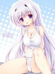  blush breasts cleavage commentary_request female inia_sestina large_breasts long_hair looking_at_viewer muv-luv muv-luv_alternative muv-luv_total_eclipse one-piece_swimsuit open_mouth photoshop_(medium) purple_eyes purple_hair school_swimsuit sitting solo swimsuit very_long_hair yuku_(kiollion) 