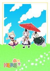  3girls commentary_request dress earmuffs english_text green_dress green_eyes green_hair grey_hair hat japanese_clothes jizeru_(giselebon) kariginu mononobe_no_futo multiple_girls open_mouth short_hair smile soga_no_tojiko tate_eboshi touhou toyosatomimi_no_miko umbrella 