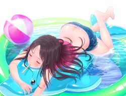  ama_mitsuki ball bare_legs barefoot beachball blue_shorts blush brown_hair butt_crack closed_eyes commentary_request denim denim_shorts downpants female inflatable_dolphin inflatable_toy long_hair lying mouth_hold on_stomach original panties panty_peek short_shorts shorts solo striped_clothes striped_panties underwear wading_pool water wet wet_clothes wet_hair 