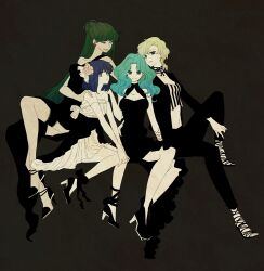  4girls aqua_hair bishoujo_senshi_sailor_moon black_background black_dress blonde_hair blue_hair closed_eyes commentary_request dress earrings elbow_gloves formal full_body gloves green_hair hair_bun hair_ornament half_updo hand_on_shoulder high_heels jewelry kaiou_michiru leggings long_hair maru_(memoriatechnica) meiou_setsuna multiple_girls outer_senshi shoes short_hair simple_background single_hair_bun sitting ten&#039;ou_haruka thigh_strap tomoe_hotaru very_short_hair 