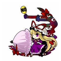  blonde_hair chibi commentary_request dress female gap_(touhou) hair_ribbon hand_fan hat hat_ribbon long_hair one_eye_closed purple_dress purple_eyes ribbon sign socha solo touhou umbrella yakumo_yukari 