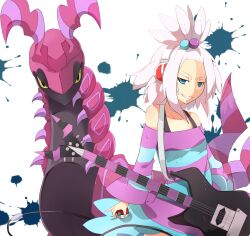  bass_guitar commentary_request female hair_bobbles hair_ornament haseneko highres instrument poke_ball pokemon pokemon_(creature) pokemon_bw2 roxie_(pokemon) scolipede short_hair smile striped topknot white_hair 