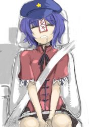  blue_hair chinese_clothes closed_eyes commentary_request drooling expressive_clothes female ginji_(sakaki_summer) hat hat_ornament miyako_yoshika ofuda seatbelt short_hair short_sleeves sleeping solo star_(symbol) star_hat_ornament touhou zzz 