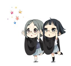  2girls arms_up black_eyes black_hair brown_eyes chibi cloak commentary extra eyebrows glasses grey_hair k-on! multiple_girls occult_club_(k-on!) short_hair sunameri_oishii symbol-only_commentary 