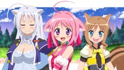  3girls absurdres ahoge animal_ears aps_(alice-momizi) bad_id bad_pixiv_id blue_eyes blush bow braid breasts brown_hair cat_ears cleavage closed_eyes detached_sleeves dog_days dog_ears dog_girl hair_ribbon highres kuberu_e_pastillage leonmitchelli_galette_des_rois medium_breasts millhiore_f._biscotti multiple_girls open_mouth pink_hair purple_eyes ribbon silver_hair single_braid smile squirrel_ears squirrel_girl squirrel_tail tail 