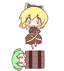  2girls blonde_hair blush blush_stickers bow bucket commentary_request green_hair hairbow in_bucket in_container kisume kurodani_yamame long_sleeves maitora multiple_girls open_mouth touhou twintails white_eyes wooden_bucket 